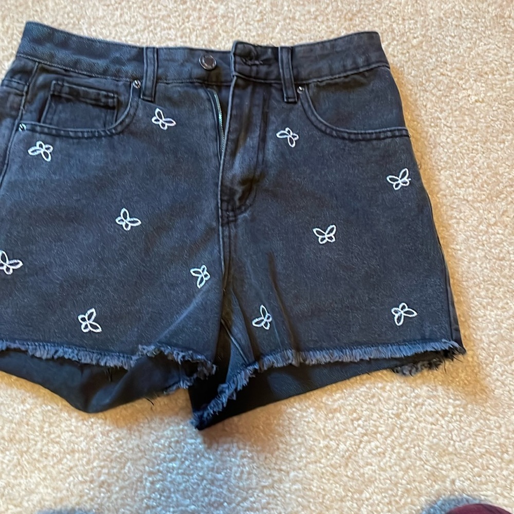 women’s butterfly embroidered black jean shorts
